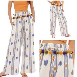Ollari Anthropologie Ikat Print Wide Leg Pom Pom Embellishment Pants